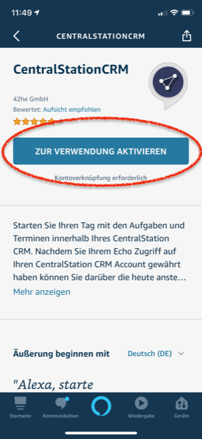 Amazon Alexa Skill Einrichten CentralStationCRM Hilfeseiten
