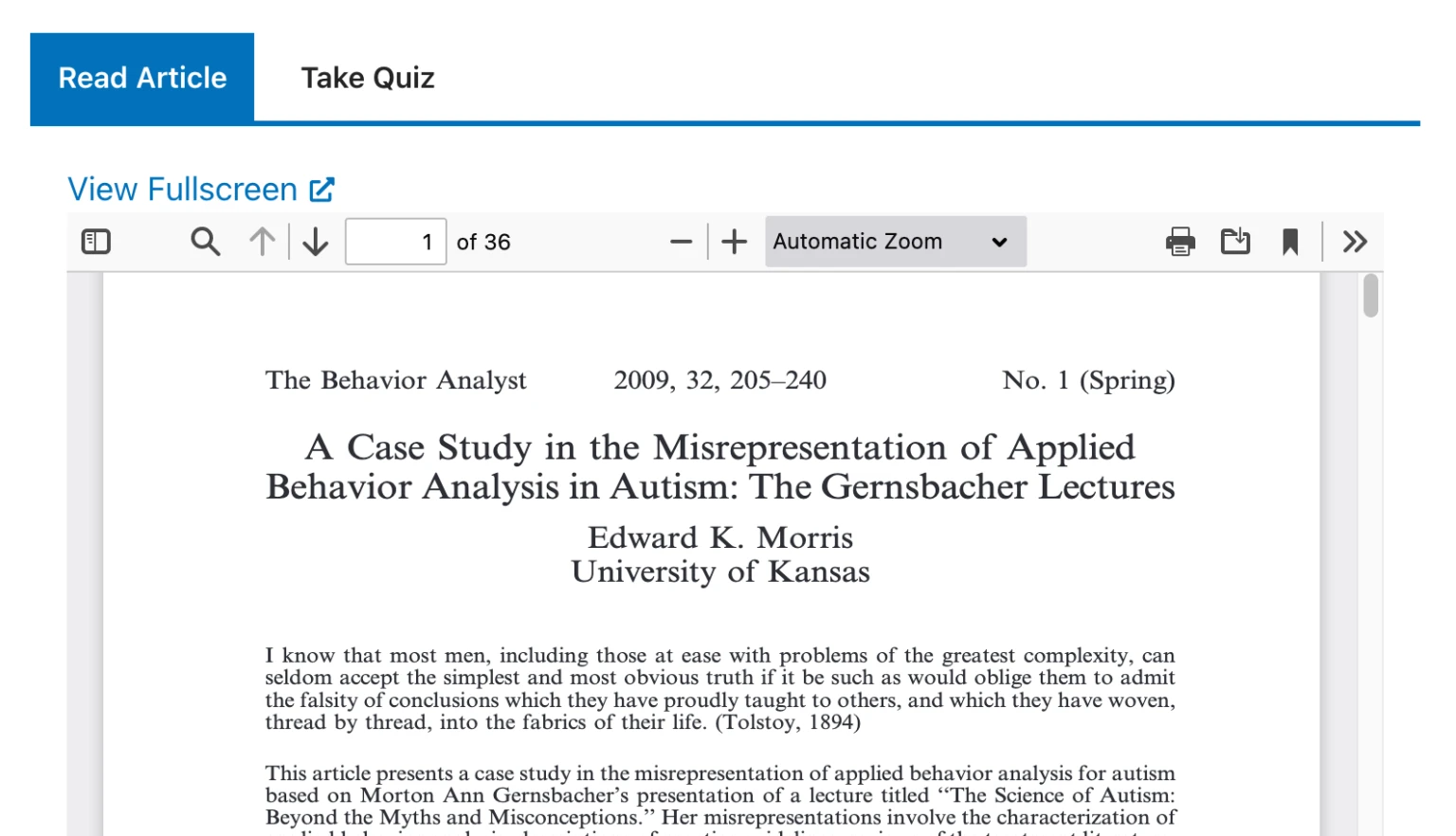 Screenshot of article quiz